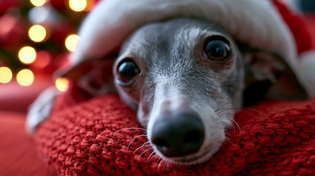Hund mit Weihnachtsm&uuml;tze blickt aus roter Decke im Lichterschein