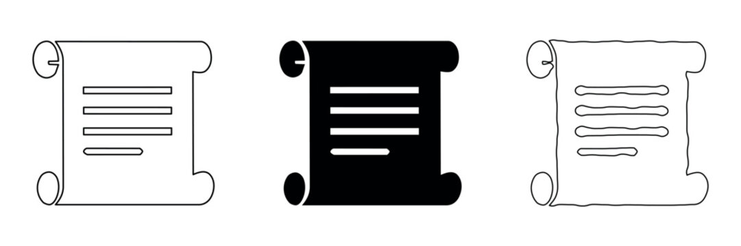 Collection of three scroll icons representing documents and text in different styles
