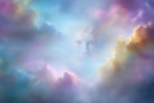 Ethereal Face Emerges Through Soft Pastel Colored Clouds With Delicate Golden Embellishments on Forehead Dreamlike Atmosphere Gentle Lighting Soft Focus Background Serene Mystical Beauty
