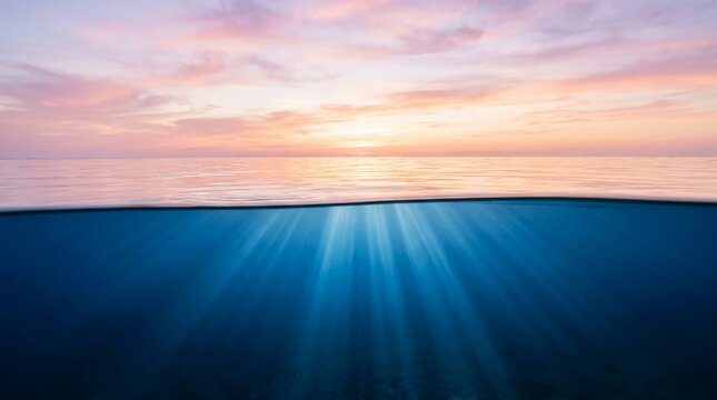 Split view ocean sunset with underwater light rays, deep blue sea water and pink sky horizon, tropical marine background for travel and nature