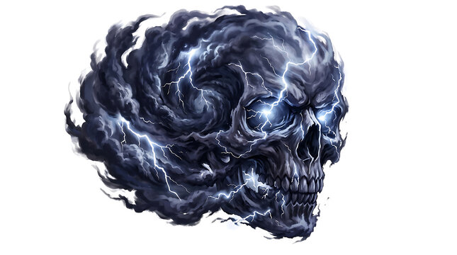 Storm Cloud Skull With Glowing Lightning Bolts on White Background