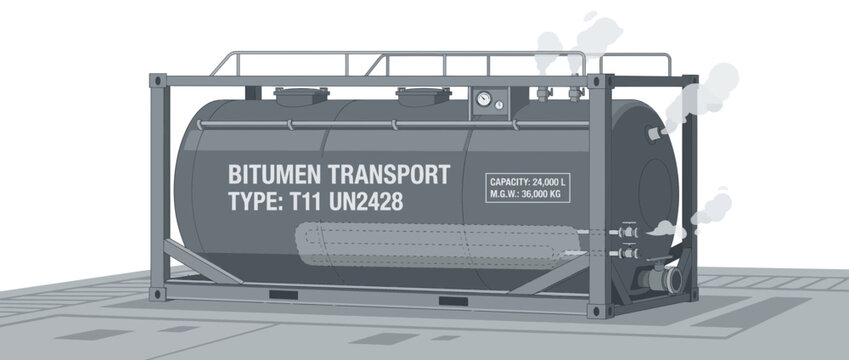 Bitumen transport tank container with steam, industrial logistics and hazardous material shipping