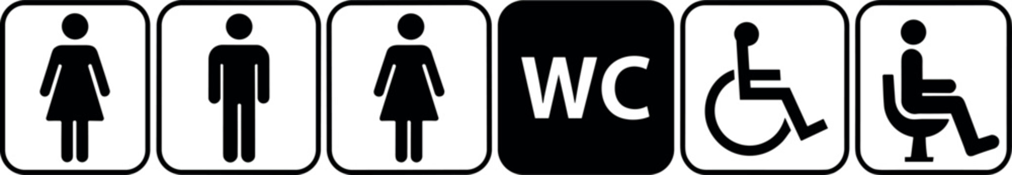 Public restroom sign icons set featuring male female wheelchair accessible WC symbol and priority seating for restroom navigation navigation graphics