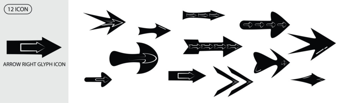 12 arrow right glyph icon set. arrow right icon set. simple arrow right. icon black set. 
