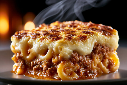 Dampfende Portion Pastitsio mit goldbrauner B&eacute;chamelsauce-Kruste und geschmolzenem K&auml;se auf wei&szlig;em Teller, saftige Schichten aus R&ouml;hrennudeln, w&uuml;rziger Fleischsauce und cremiger B&eacute;chamel