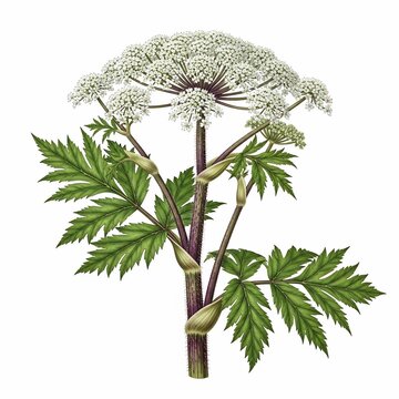 Delicate white umbel of wild angelica, detailed botanical illustration, vibrant green leaves.