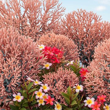 Beautiful Plumeria flowers blooming against a background of intricate pink coral cactus plants.