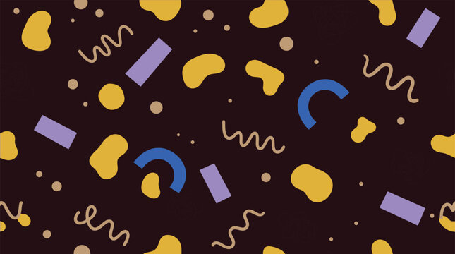 Seamless pattern with memphis style geometric shapes and squiggles on dark brown background geometric abstract background seamless colorful wallpaper illustration squiggly rectangle