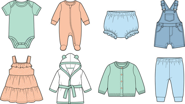 Set of baby and toddler clothing fashion flat sketches featuring rompers, dresses, overalls, cardigans, and pants.