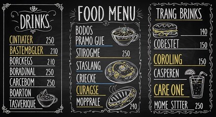 Naklejka premium Vintage chalkboard menu with drinks and food items.