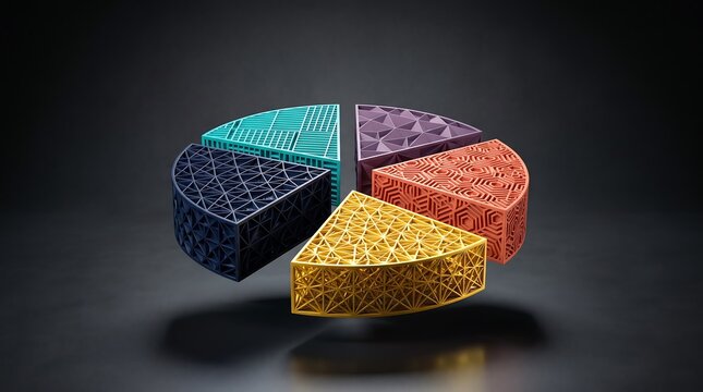 Colorful three dimensional pie chart segments featuring intricate geometric lattice patterns and vibrant textures floating against a dark gray background to represent complex data analysis concepts an