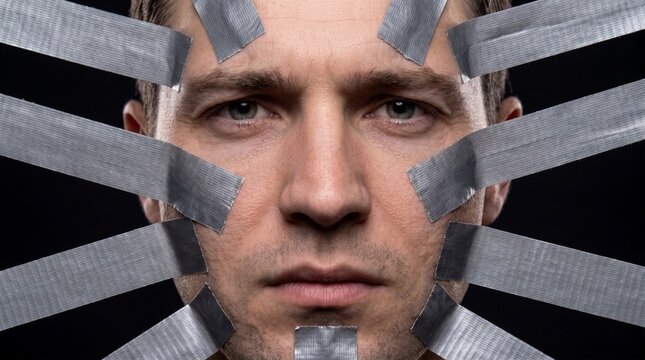 Hombre con el rostro sujeto por tiras de cinta adhesiva gris