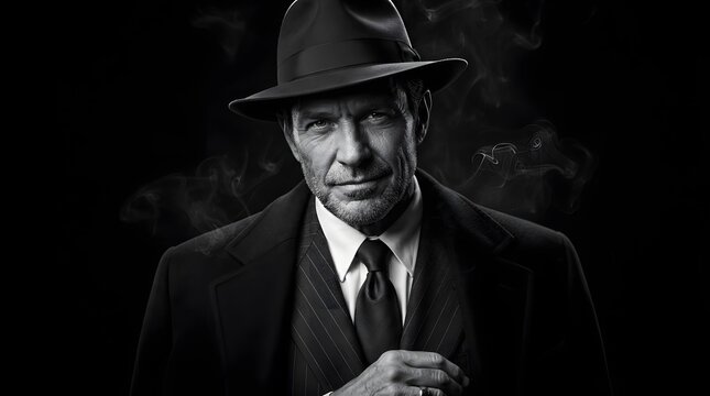Ultra realistic cinematic portrait of a vintage nineteen thirties gangster wearing a classic fedora tailored pinstripe suit elegant overcoat white dress shirt and dark necktie dramatic black and white