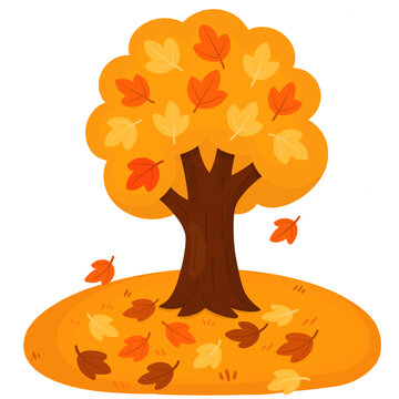 Autumn Tree with Falling Leaves Seasonal Nature Illustration