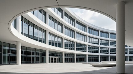 Obraz premium Curved modern office building exterior with glass windows and white columns. Empty outdoor plaza with clean geometric shapes. Architectural background for business concepts.