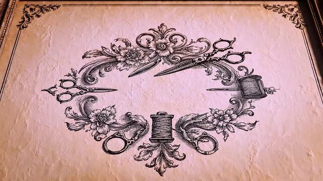 Vintage ornate illustration of tailoring tools featuring sewing scissors and thread spools within a floral decorative frame on paper texture