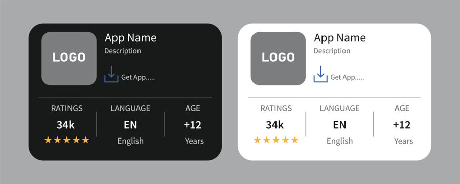 Application download interface badge template designed in light and dark mode styles with star rating review metrics