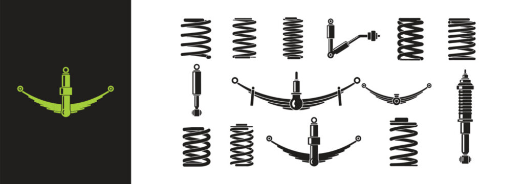 Suspension Spring and Shock Absorber Icon Set &ndash; Auto Parts Line Symbols