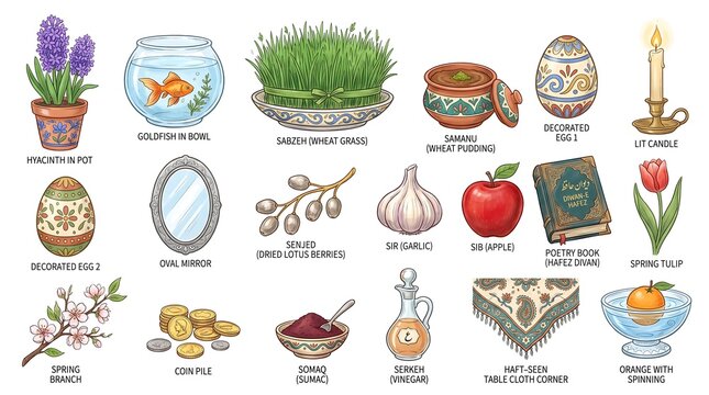 Traditional Nowruz Haft-Seen table items including decorated eggs, goldfish, wheat grass, poetry book, garlic, apple, sumac, vinegar, coins, mirror, candle, and spring flowers arranged neatly on a cle