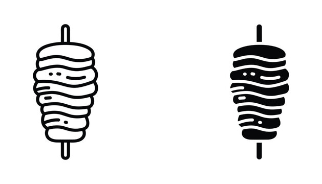 Food industry icon set featuring a rotating shawarma meat skewer in outline and solid black styles for restaurant menus and fast food delivery graphic design branding projects
