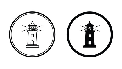 Navigational lighthouse beacon icon set for maritime safety and coastal guidance in clean black and white vector style for nautical travel and ocean safety themes and tourism branding © TARU STOCKPLC