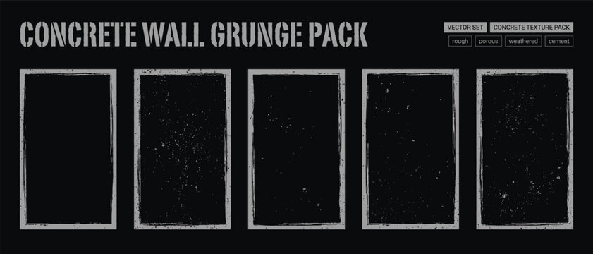 Grunge Pack. Flat design set of 5 rectangular frames with porous weathered concrete wall texture, isolated on black for poster design, packaging, and industrial branding.