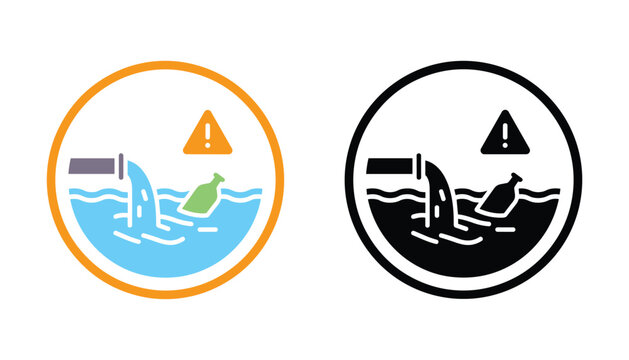 Water pollution warning icon set featuring industrial pipe dumping waste into river in vibrant color and solid black vector graphic style for environmental protection awareness