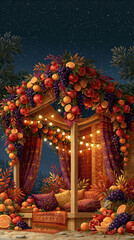Fototapeta premium Cozy sukkah hut illustration with fruit garlands for Sukkot