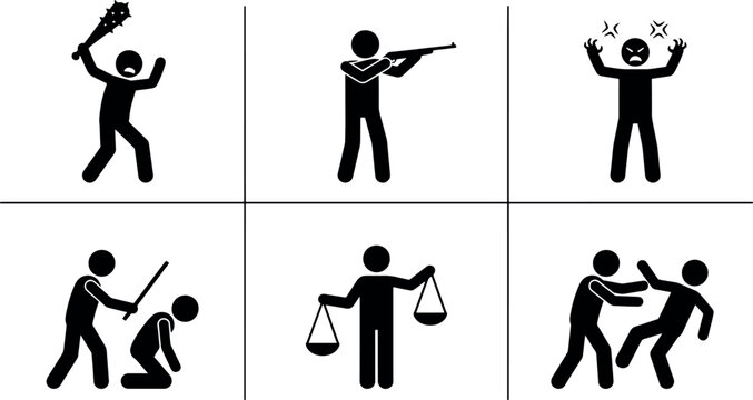 Set of black stick figure icons depicting various aggressive and criminal actions representing social issues and human conflict with aggressive conflict violence fighting behavior