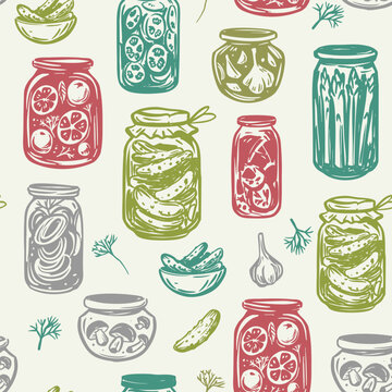 Pickles, cucumbers in jars, preserves, seamless  pattern, hand drawn.