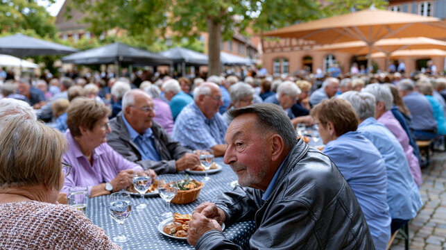 Menschen sitzen gesellig an Tischen und genie&szlig;en Speisen im Freien