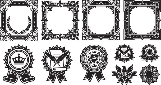 Set of black vintage ornamental frames and decorative heraldic emblem badges with royal motifs