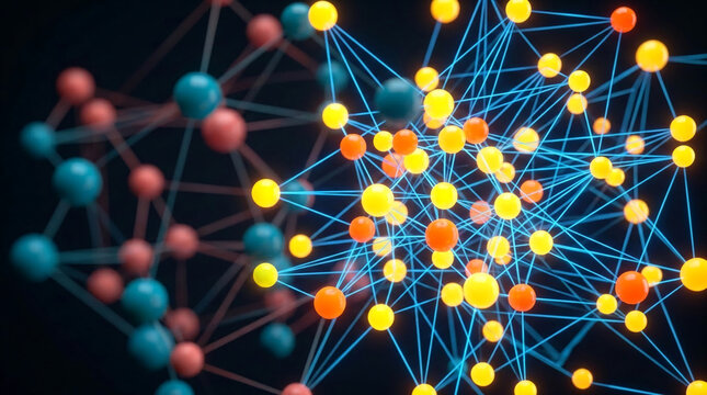 Abstract network of glowing spheres connected by blue lines, representing interconnectedness, data, and technology, ideal for digital or scientific concepts