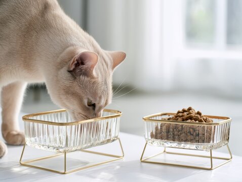 Beautiful white cat drinks fresh water from luxury glass bowl with a gold rim. Ribbed glass bowls pet feeder stands on a clean table indoors. Premium feline care. High quality Pet Supplies. Cat dish