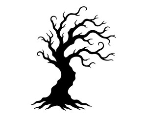 Windswept ancient tree with a leaning trunk long flowing branches and anchored roots evoking a stormy enchanted woodland where wild nature meets gothic fantasy and folklore © Daria