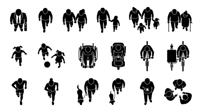 Top View People Collection Flat Black Architectural CAD Blocks Human Entourage Vector Set