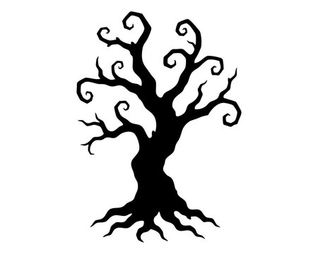Whimsical enchanted tree with elegant spiral branch tips a flowing organic crown and strong exposed roots suggesting magical woodland growth fairy stories and playful Halloween fantasy
