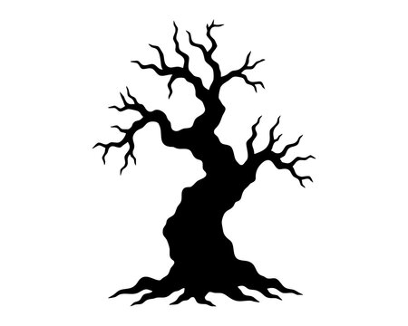 Crooked old tree with an asymmetrical crown of jagged bare branches a heavy curved trunk and exposed roots creating a dramatic haunted forest landmark for autumn folklore and mystery