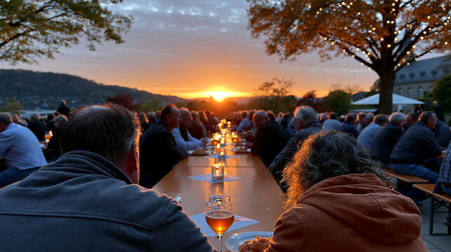 Menschenmenge sitzt bei Sonnenuntergang an langer Tafel im Freien