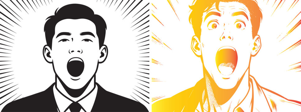 Comic book style illustrations of surprised men with open mouths and speed lines for emotional reaction and shock expression