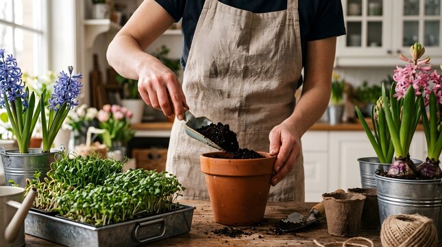Person in apron potting plant in clay pot with soil using trowel in kitchen with hyacinths and microgreens organic gardening lifestyle concept