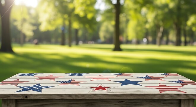 Empty wooden table with patriotic stars in a blurred park background