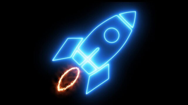 Glowing neon line rocket on black background. Space, startup, creative idea, business, innovation and technology idea. Motion graphics of spaceship. 4k video animation. 
