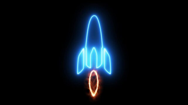 Glowing neon line rocket on black background. Space, startup, creative idea, business, innovation and technology idea. Motion graphics of spaceship. 4k video animation. 