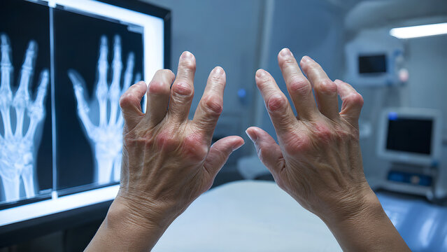 Rheumatoid arthritis hand joints radiology concept with inflamed synovium, swollen fingers and wrist inflammation in clean clinical imaging room for medical education and patient care design
