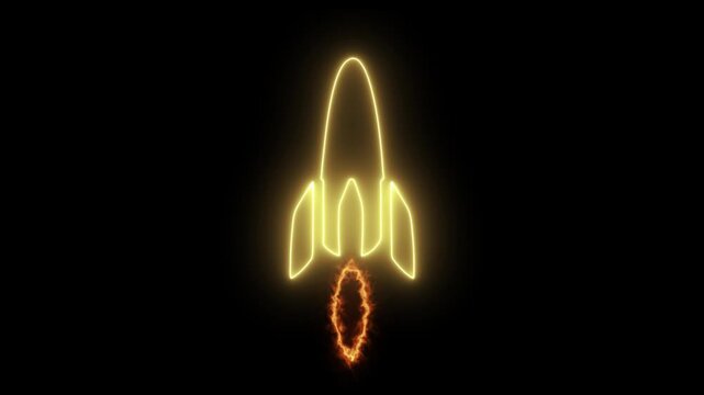 Glowing neon line rocket on black background. Space, startup, creative idea, business, innovation and technology idea. Motion graphics of spaceship. 4k video animation. 