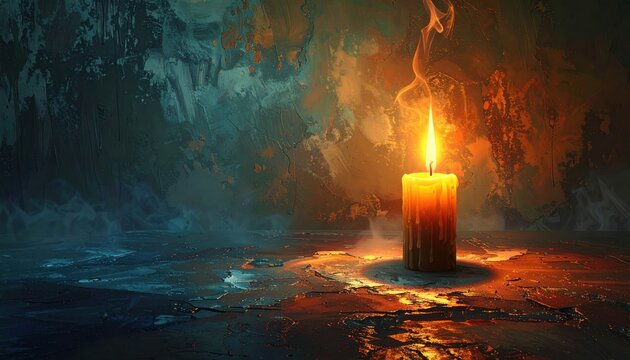 A single candle burns brightly, casting light and shadows in a dark, textured space