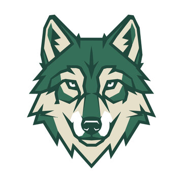 Minimalist geometric wolf head emblem with sharp angular polygons and clean forest green lines on a white background, animal logo design concept