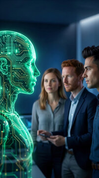 Holographic humanoid with glowing circuit patterns and a team observing, representing artificial intelligence and future technology development