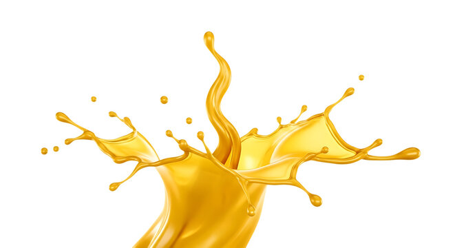 Golden liquid splash with dynamic curves and droplets a 3d rendering on transparent background fluid yellow amber orange